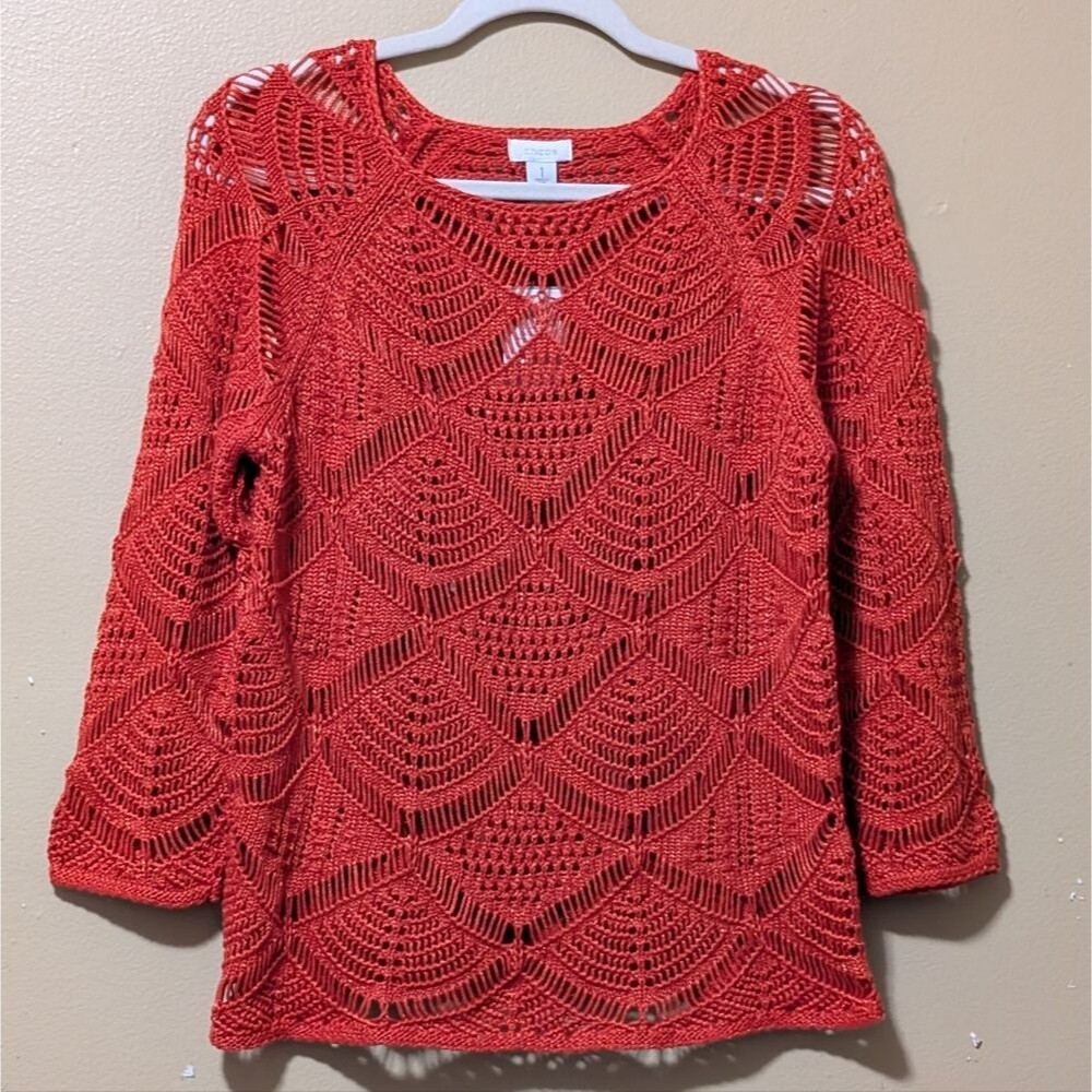 NWT Chico's pointelle temptation pullover open knit crochet sweater 1/Medium